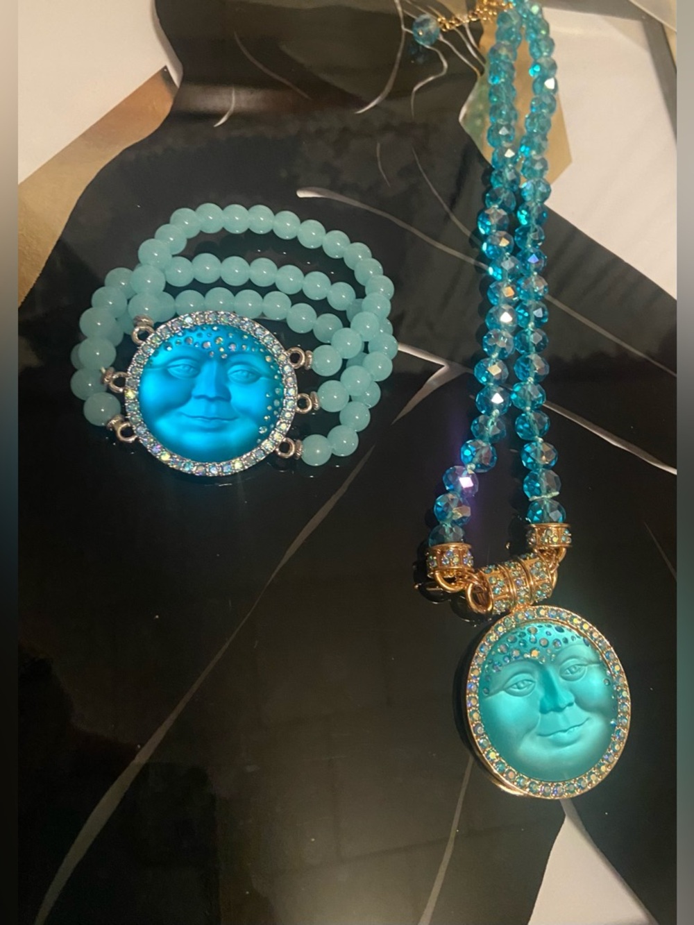 Kirks Folly Turquoise Moon Face Magnetic Pendant/Necklace & Bracelet Set